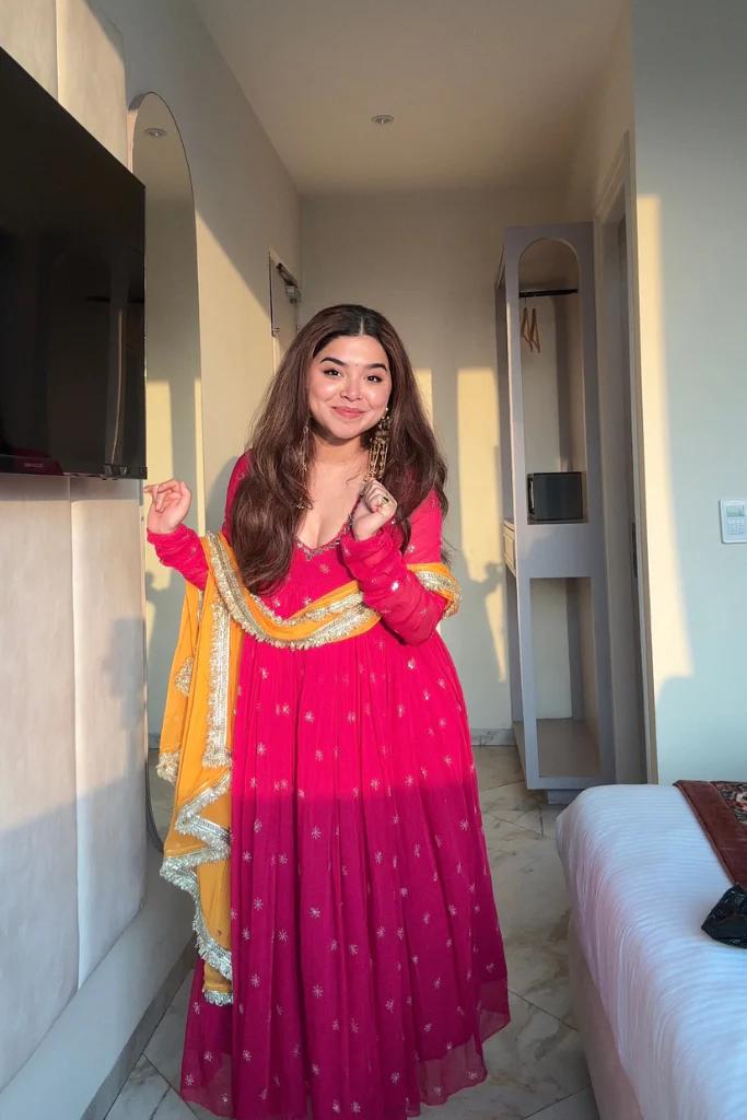 Heavy Faux Georgette Anarkali Set with Embroidery Work, Dupatta & Bottom | Ready to Wear Partywear Suit – Pink & Yellow