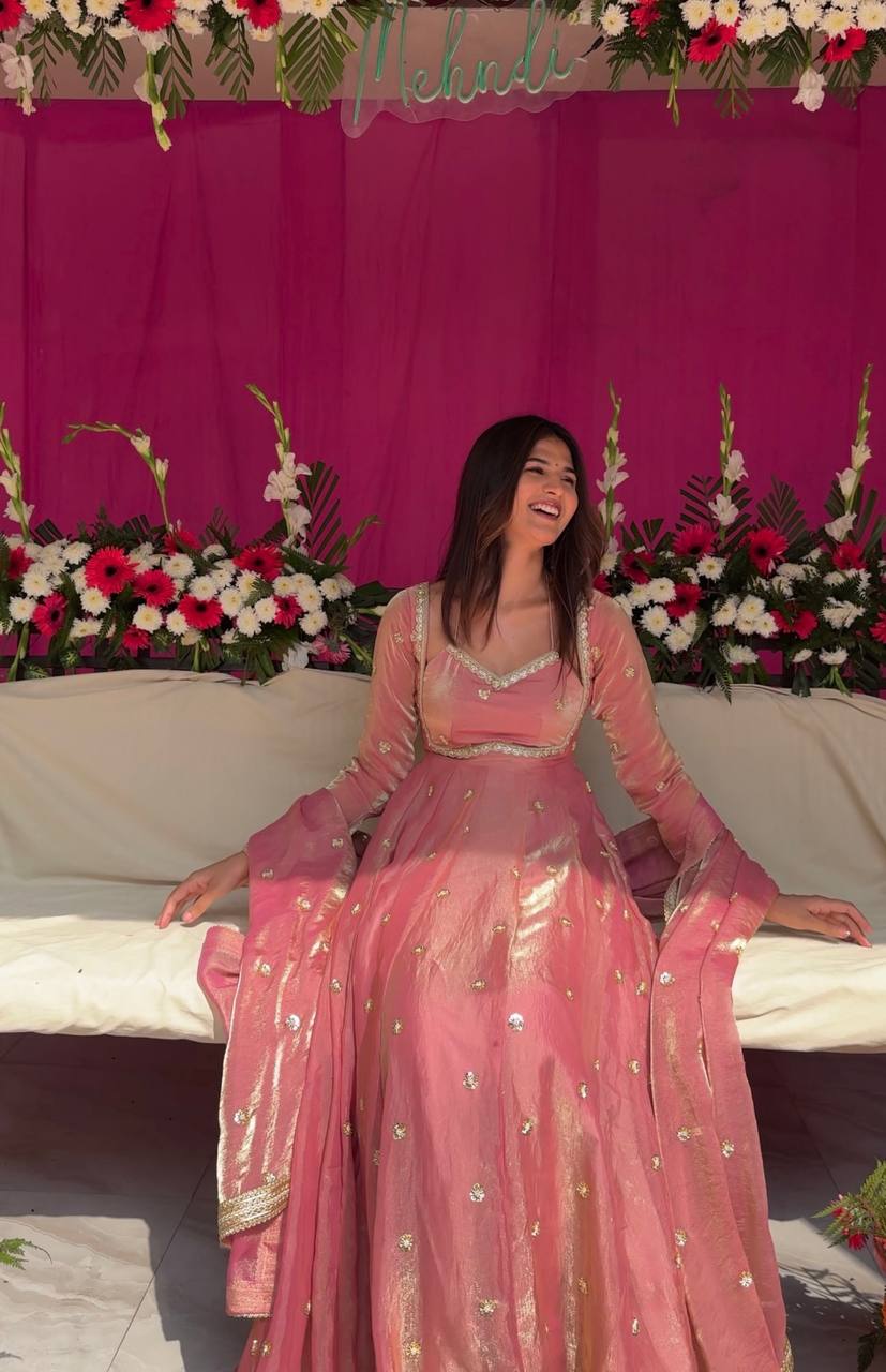 Premium Fandy Silk Embroidered Gown Set with Dupatta & Pant | Sequins & Codding Work | Full Stitched | Festive & Wedding Wear for Women