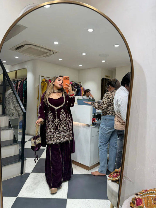 Premium Velvet Sharara Set for Women | Heavy Sequence Embroidery Work | Real Mirror Dupatta | Party & Wedding Wear Suit Set