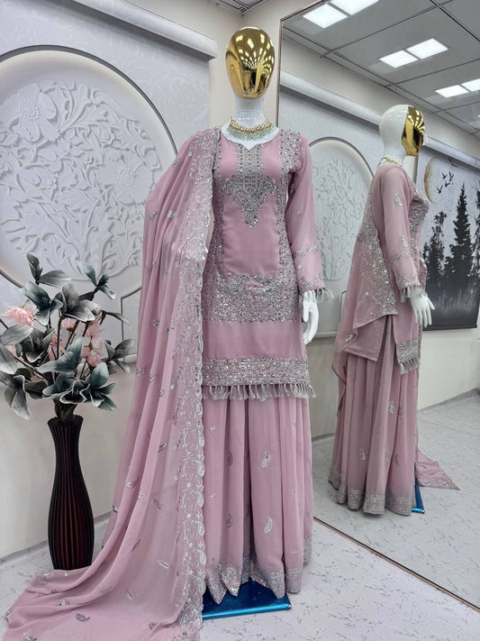 Designer Pink Fox Georgette Embroidery Suit Set With Plazo & Dupatta | Sequins & Pearl Work | Full Stitched