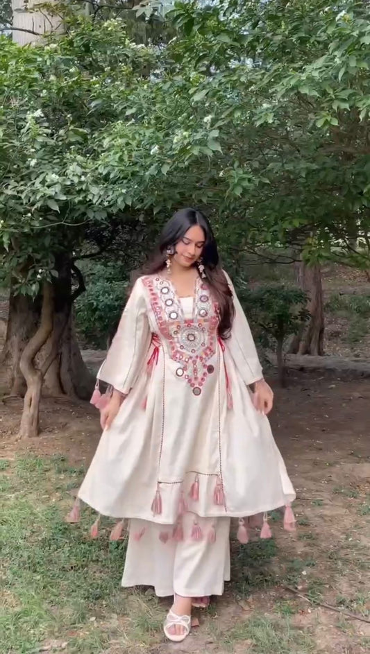 Premium Mirror Work Anarkali Kurti with Plazo for Women | Heavy Rayon A-Line Kurta Set with Tassels | Festive & Party Wear Suit