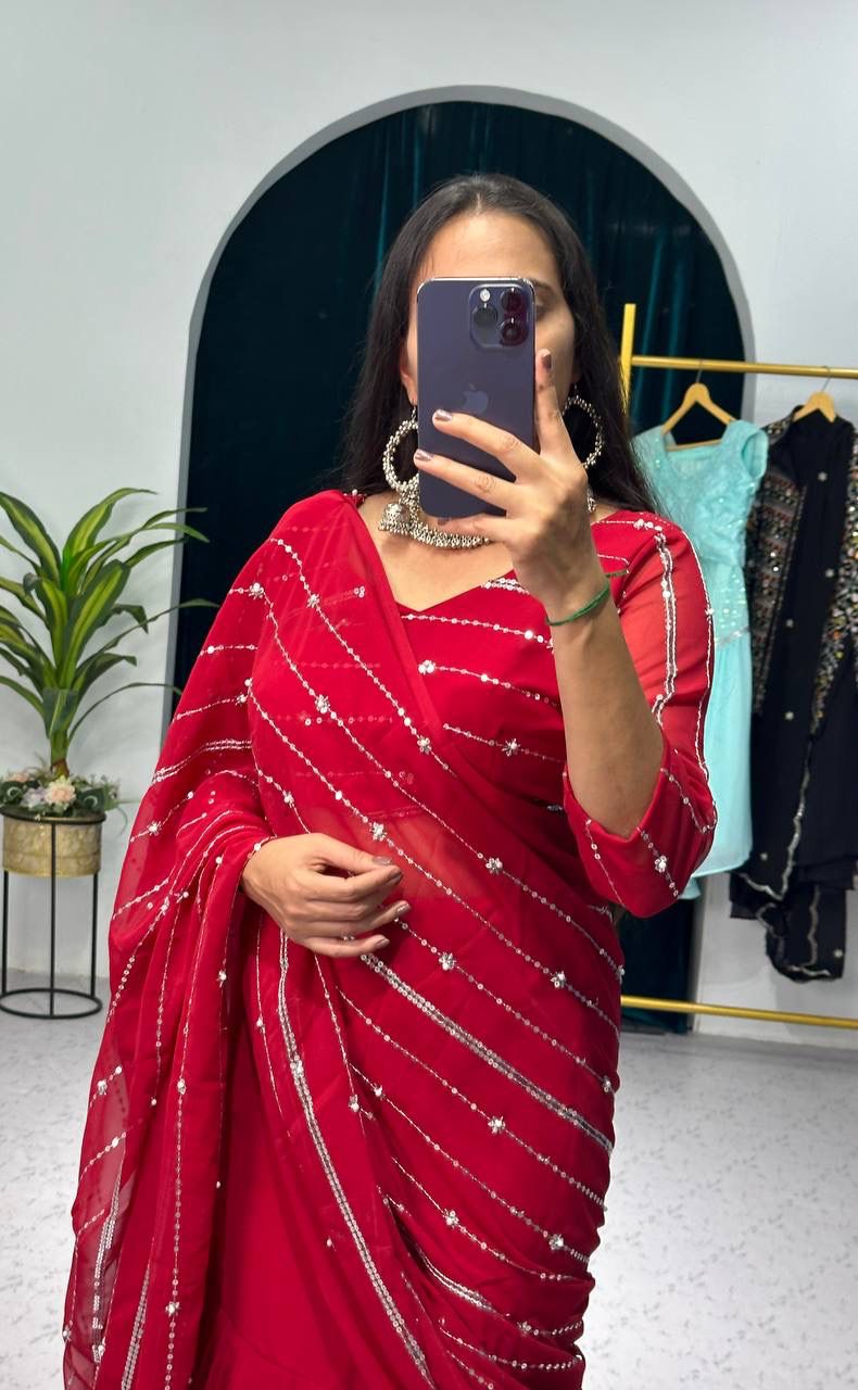 Premium Faux Georgette Lehenga Saree with Embroidered Pallu & Pearl Moti Work | Full Sleeve Blouse | 5 Meter Flair, Attached Pallu, Fully Stitched Up to 42