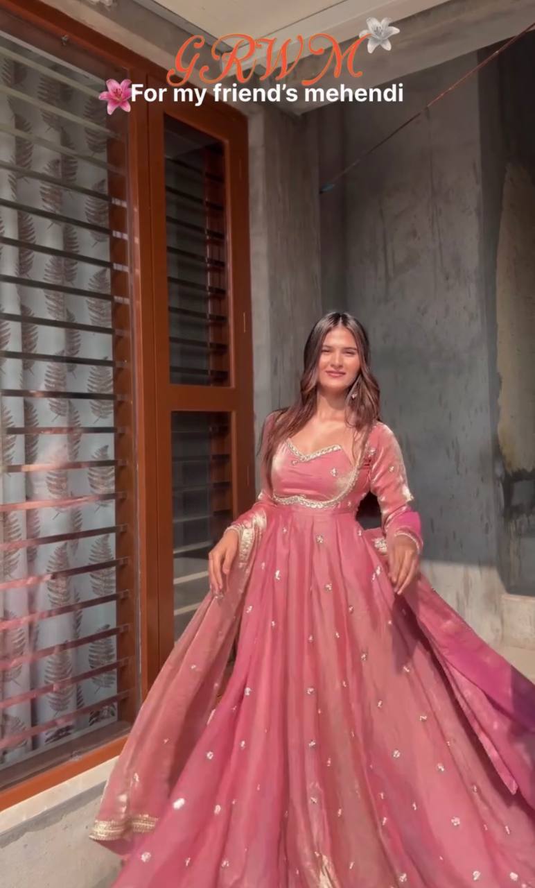 Premium Fandy Silk Embroidered Gown Set with Dupatta & Pant | Sequins & Codding Work | Full Stitched | Festive & Wedding Wear for Women