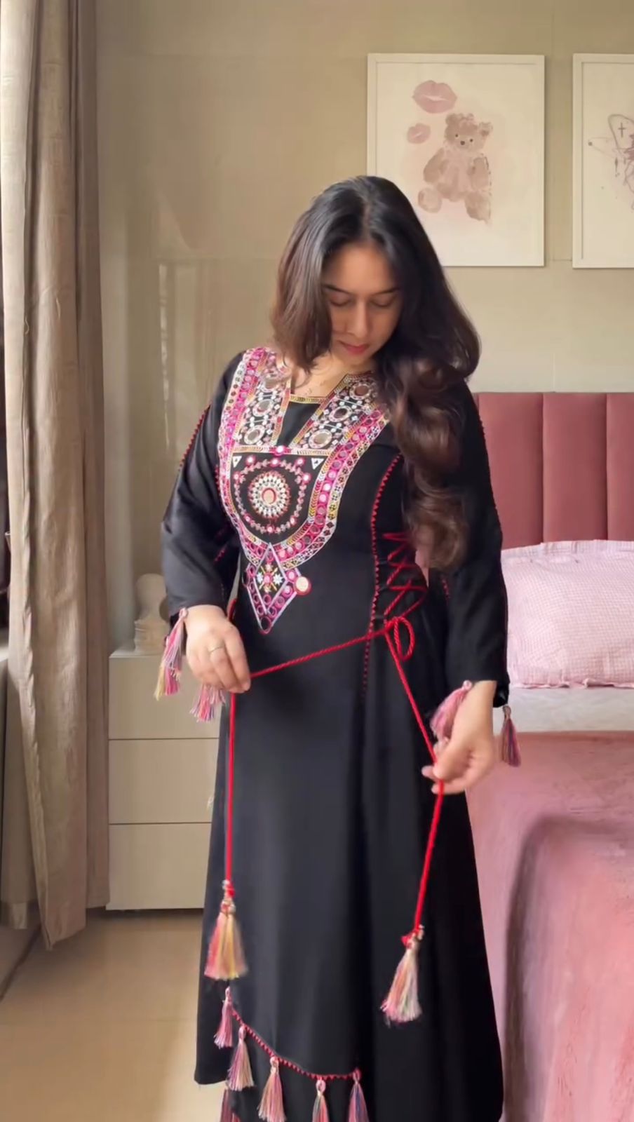 Premium Mirror Work Anarkali Kurti with Plazo for Women | Heavy Rayon A-Line Kurta Set with Tassels | Festive & Party Wear Suit