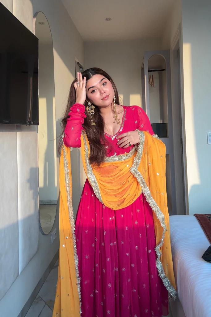 Heavy Faux Georgette Anarkali Set with Embroidery Work, Dupatta & Bottom | Ready to Wear Partywear Suit – Pink & Yellow