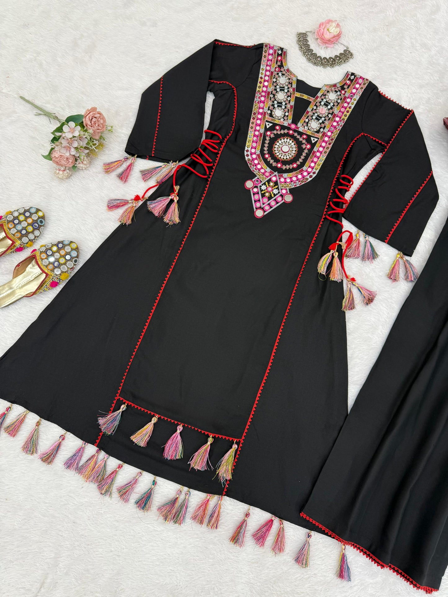 Premium Mirror Work Anarkali Kurti with Plazo for Women | Heavy Rayon A-Line Kurta Set with Tassels | Festive & Party Wear Suit