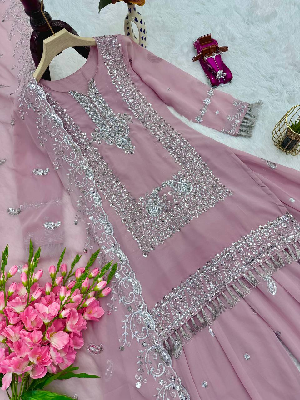 Designer Pink Fox Georgette Embroidery Suit Set With Plazo & Dupatta | Sequins & Pearl Work | Full Stitched