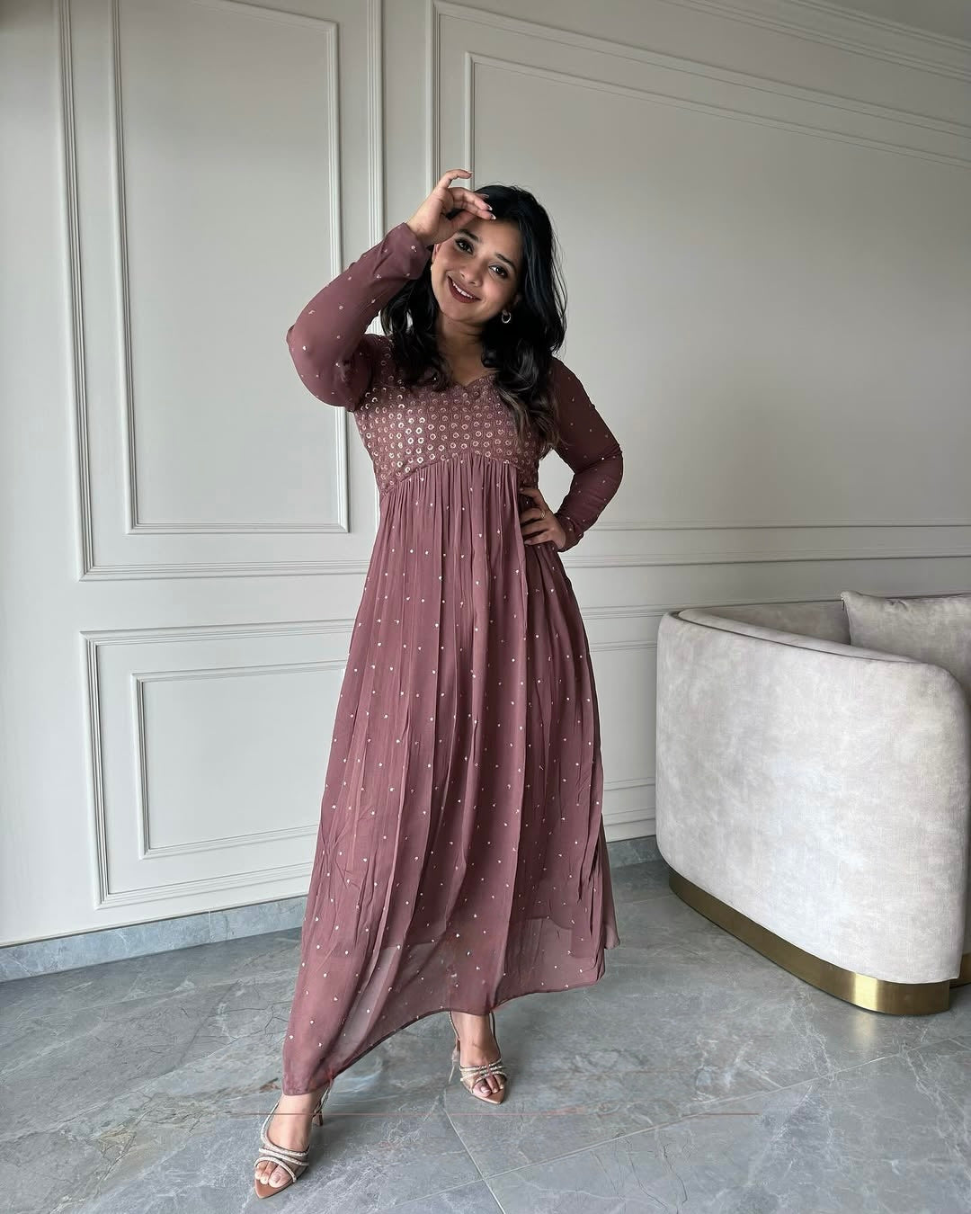 Premium Faux Georgette Embroidered Gown Set with Dupatta & Pant | 4 Meter Flair | Sequins Work | Full Stitched Party & Festive Wear