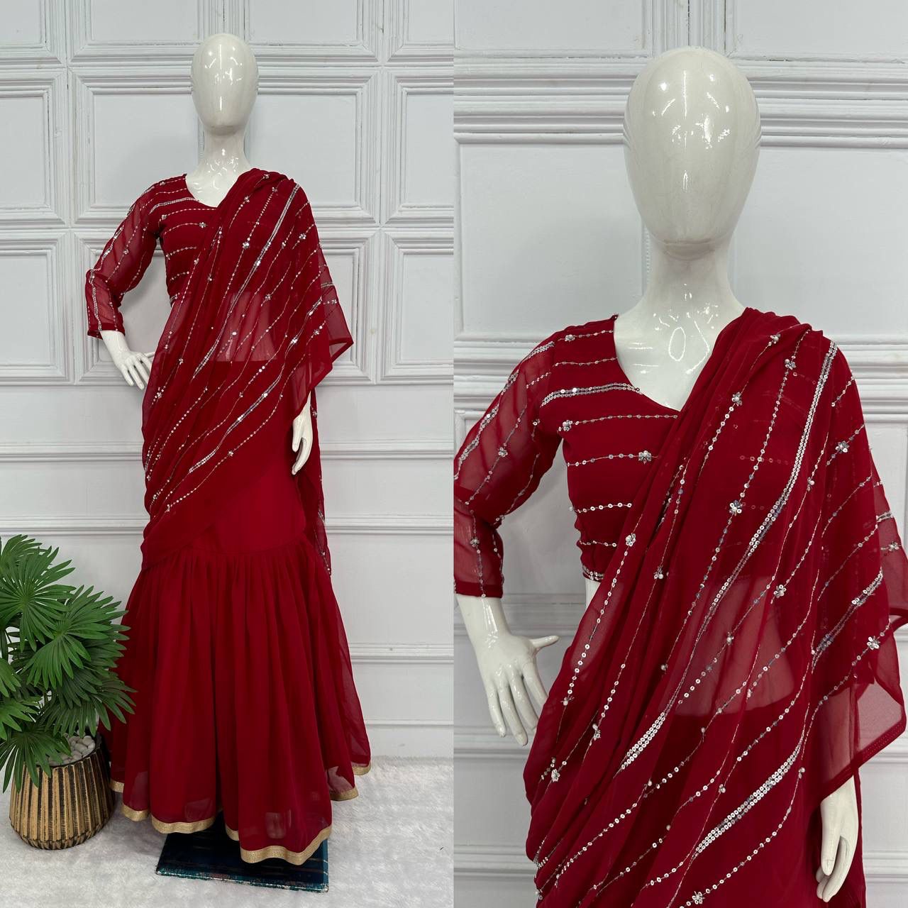 Premium Faux Georgette Lehenga Saree with Embroidered Pallu & Pearl Moti Work | Full Sleeve Blouse | 5 Meter Flair, Attached Pallu, Fully Stitched Up to 42