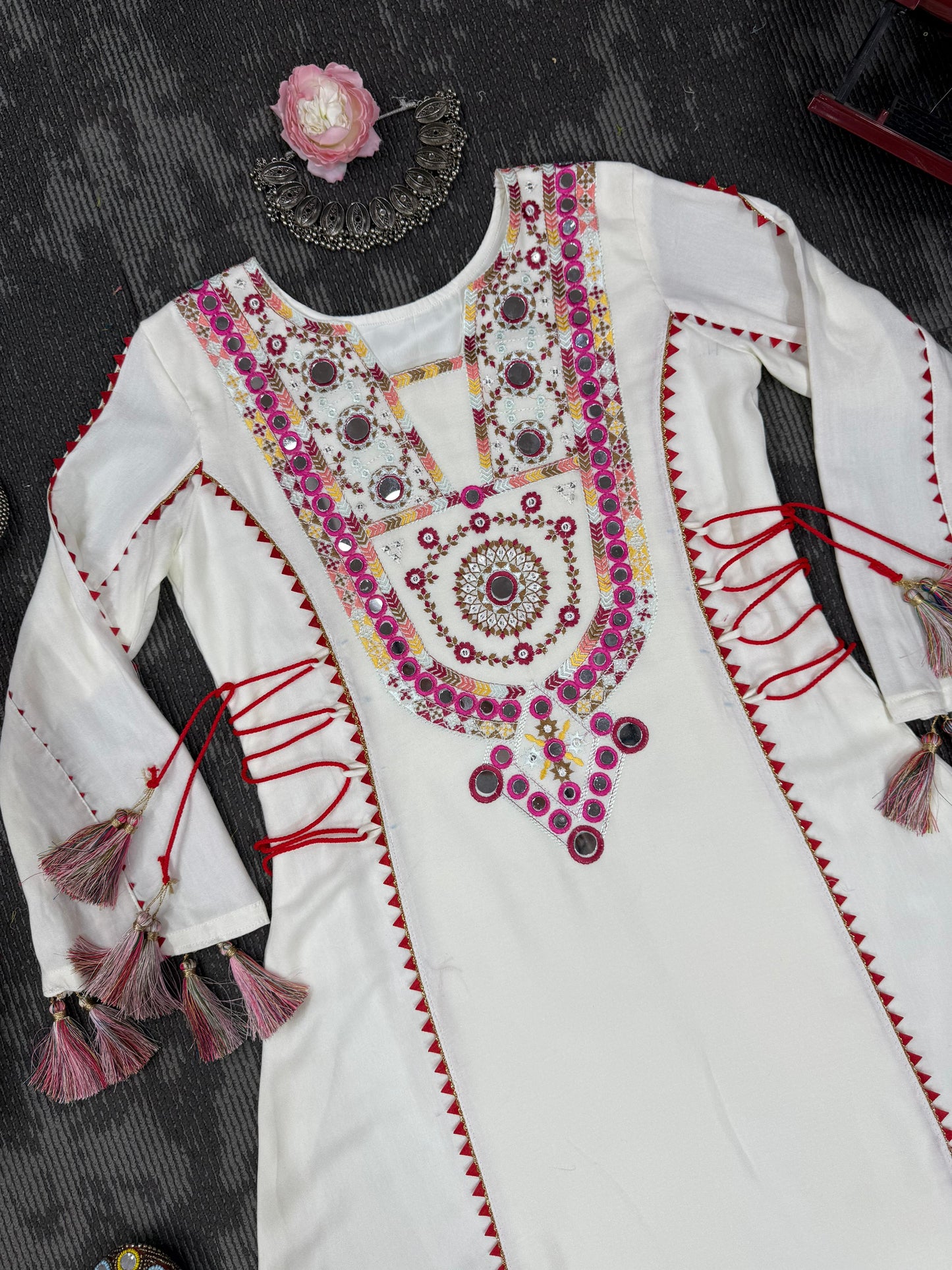 Premium Mirror Work Anarkali Kurti with Plazo for Women | Heavy Rayon A-Line Kurta Set with Tassels | Festive & Party Wear Suit