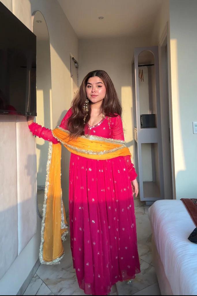 Heavy Faux Georgette Anarkali Set with Embroidery Work, Dupatta & Bottom | Ready to Wear Partywear Suit – Pink & Yellow