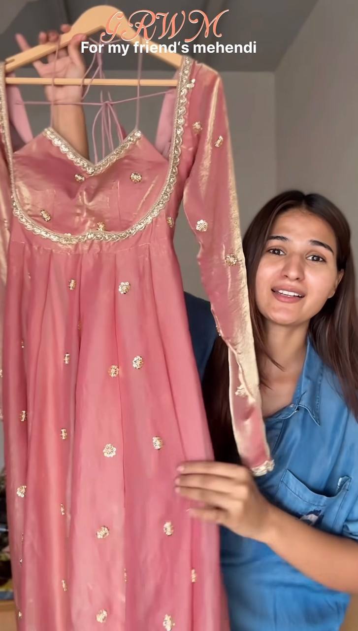 Premium Fandy Silk Embroidered Gown Set with Dupatta & Pant | Sequins & Codding Work | Full Stitched | Festive & Wedding Wear for Women