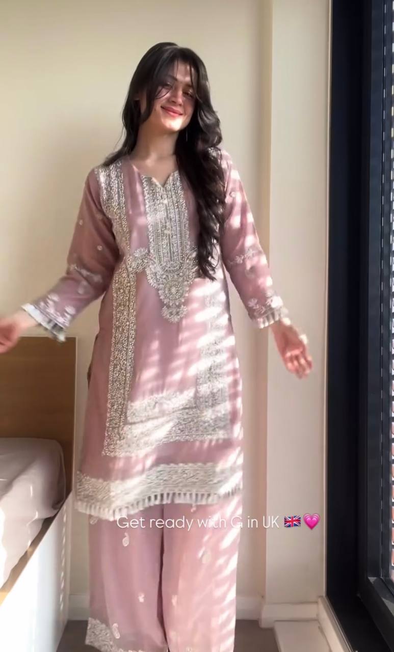 Designer Pink Fox Georgette Embroidery Suit Set With Plazo & Dupatta | Sequins & Pearl Work | Full Stitched