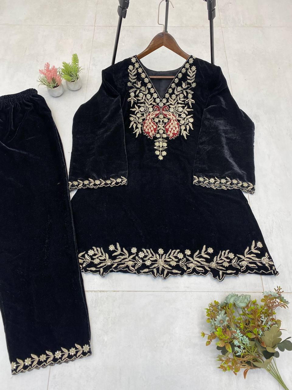 Women's Premium Velvet Winter Co-Ord Set | 2-Piece Embroidered Kurta &amp; Plazzo | Heavy Sequence Work | Festive &amp; Party Wear 2025