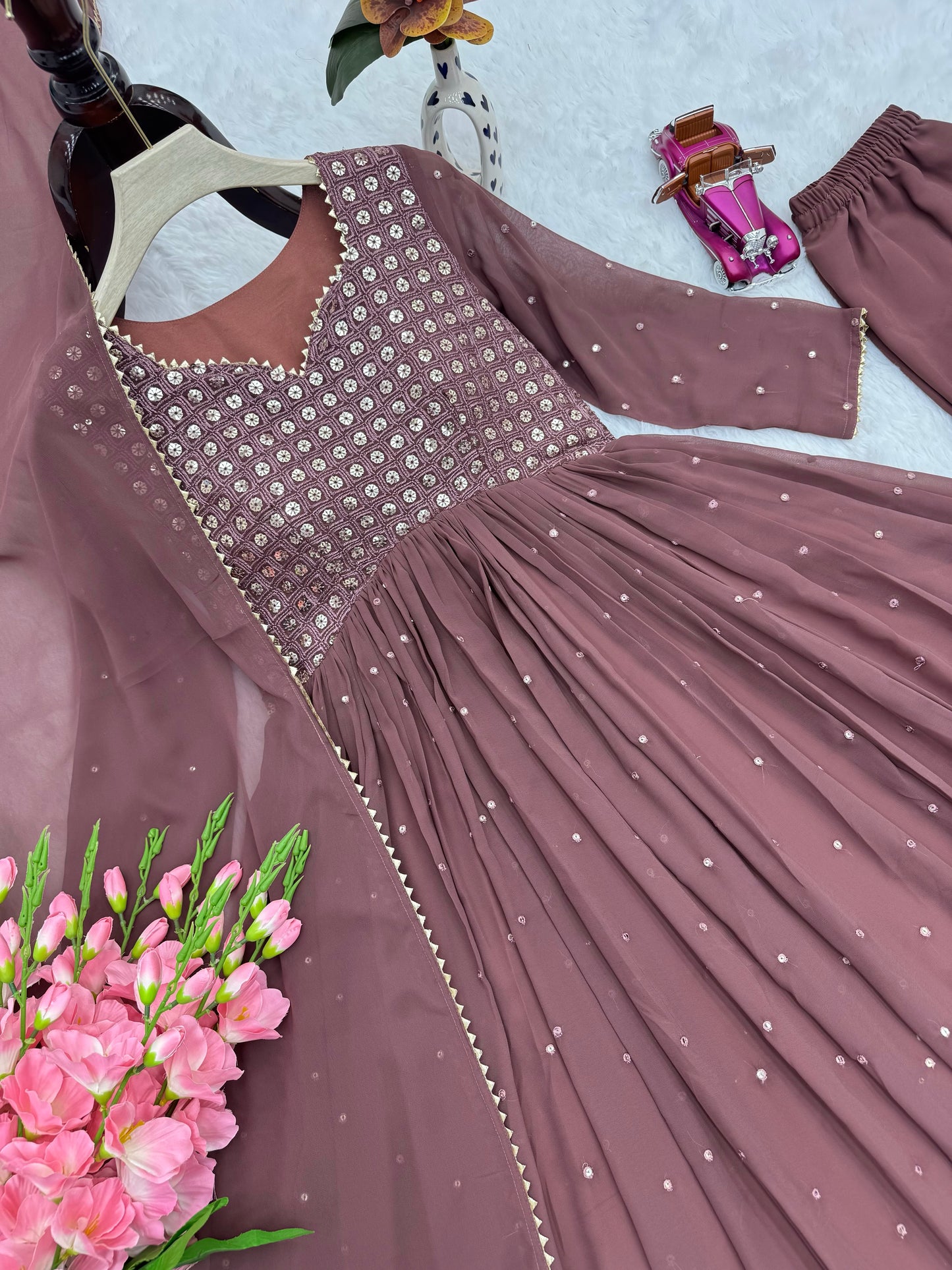 Premium Faux Georgette Embroidered Gown Set with Dupatta & Pant | 4 Meter Flair | Sequins Work | Full Stitched Party & Festive Wear