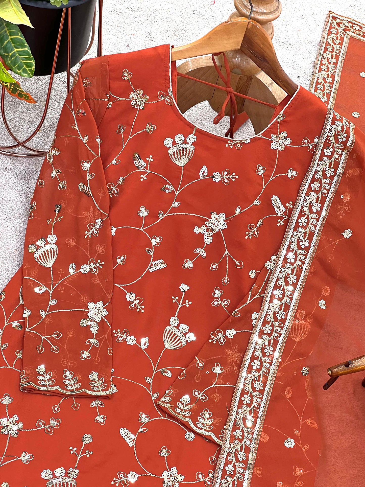 Heavy Faux Georgette Embroidered Sharara Set with Sequence Work & Dupatta | Designer Partywear Suit – Rust Orange | Ready to Wear