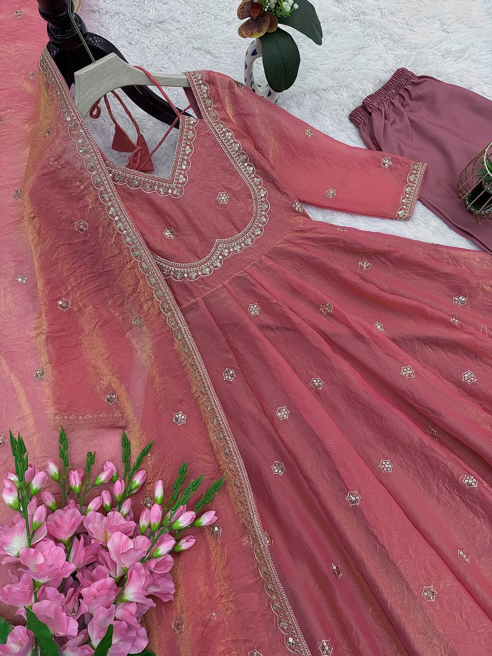 Premium Fandy Silk Embroidered Gown Set with Dupatta & Pant | Sequins & Codding Work | Full Stitched | Festive & Wedding Wear for Women